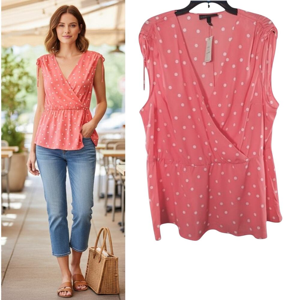 Lane Bryant Peplum Blouse 22/24 Orange Polka Dot Sleeveless Flowy Georgette Top
